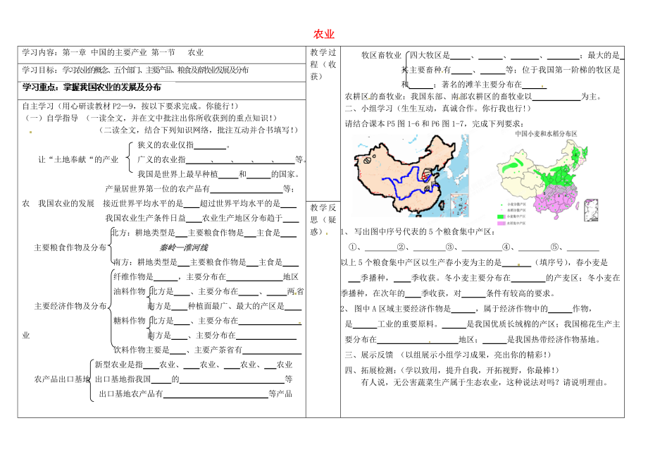 山西省靈石縣兩渡鎮(zhèn)初級中學校八年級地理下冊 第一章 中國的主要產業(yè) 第一節(jié) 農業(yè)學案（無答案） 湘教版_第1頁