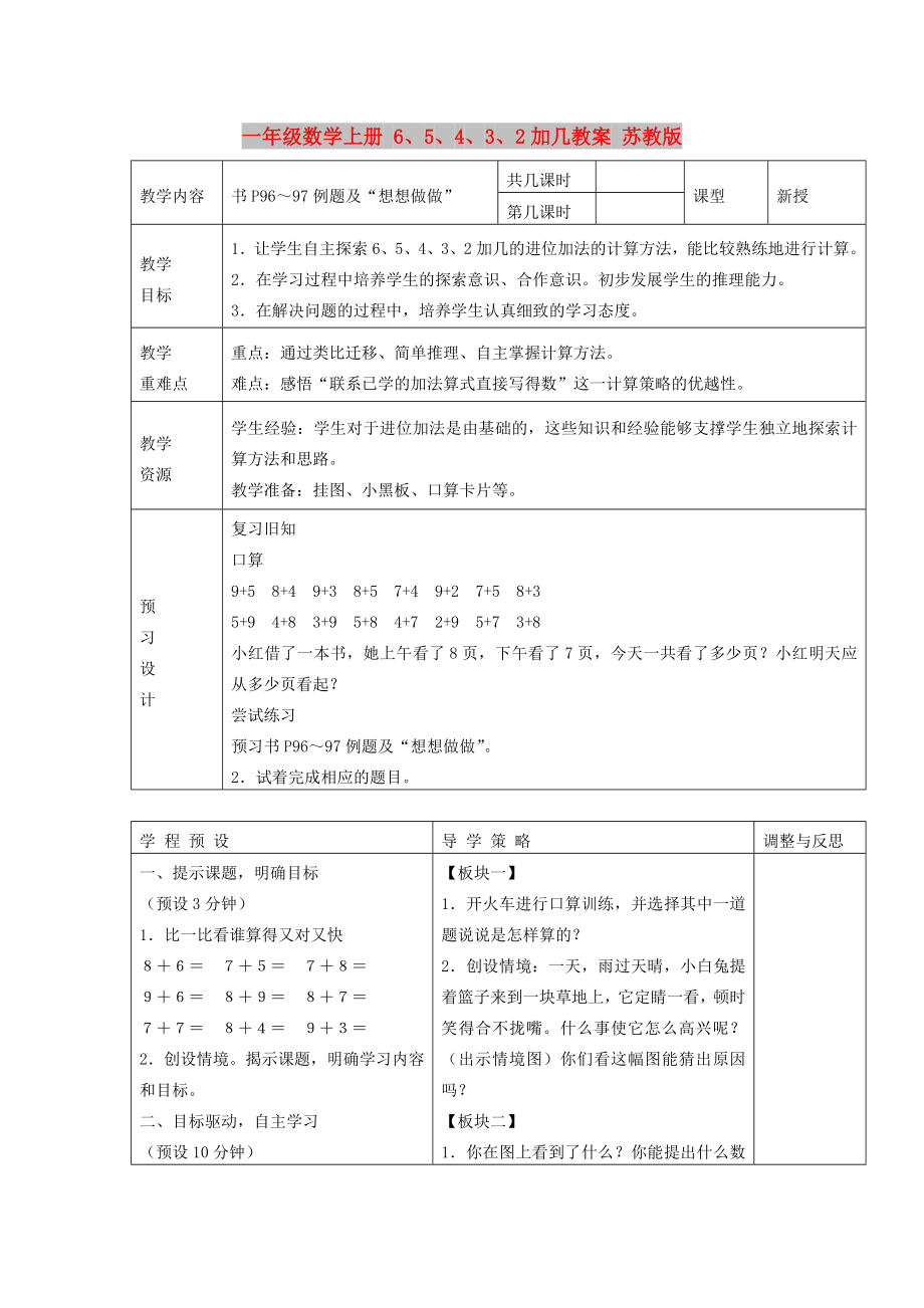 一年級數(shù)學(xué)上冊 6、5、4、3、2加幾教案 蘇教版_第1頁