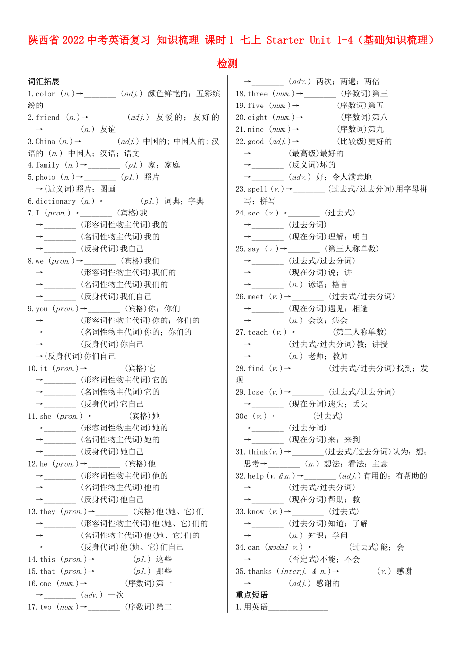 陜西省2022中考英語復習 知識梳理 課時1 七上 Starter Unit 1-4（基礎(chǔ)知識梳理）檢測_第1頁