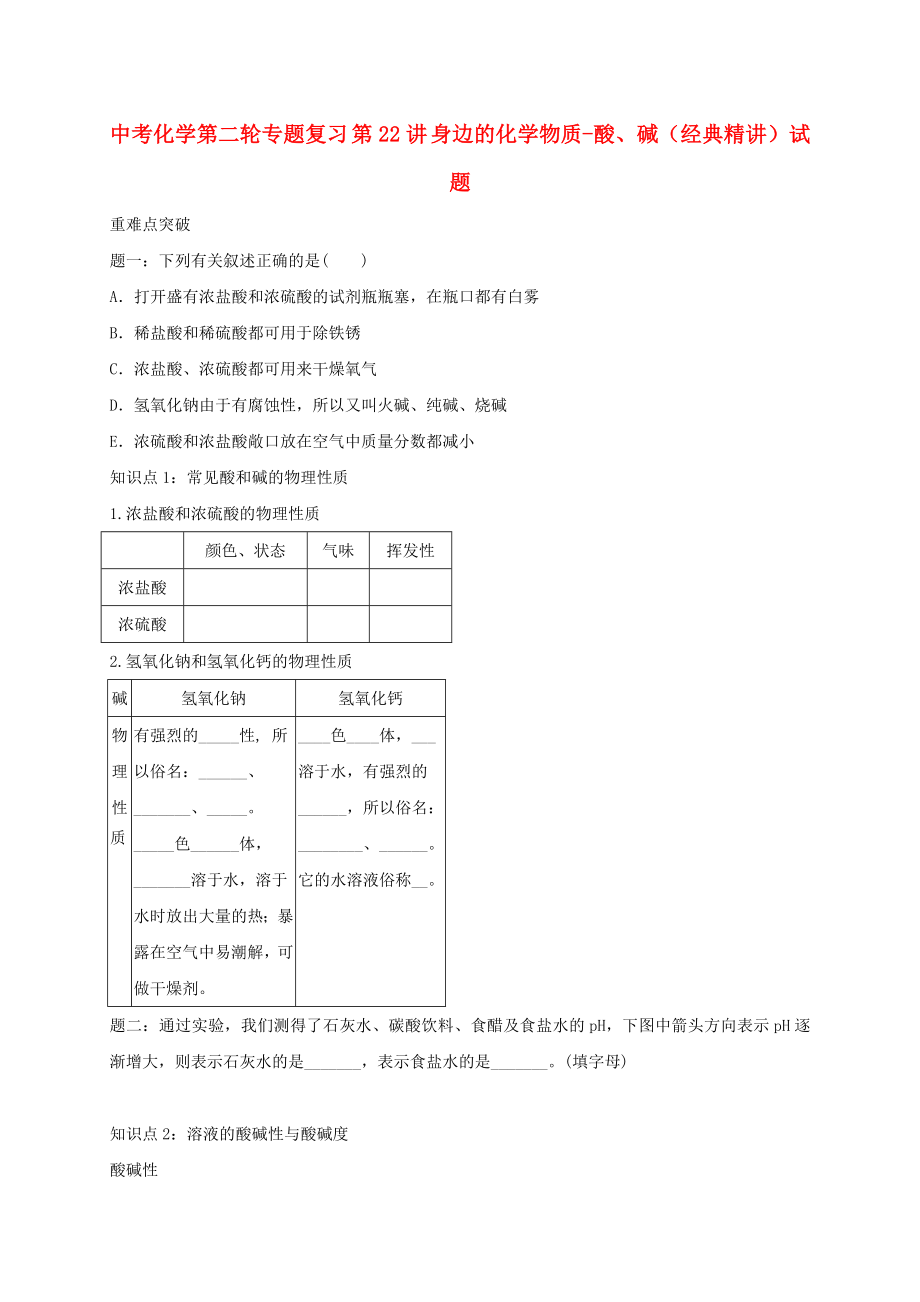 中考化学第二轮专题复习 第22讲 身边的化学物质-酸、碱（经典精讲）试题_第1页