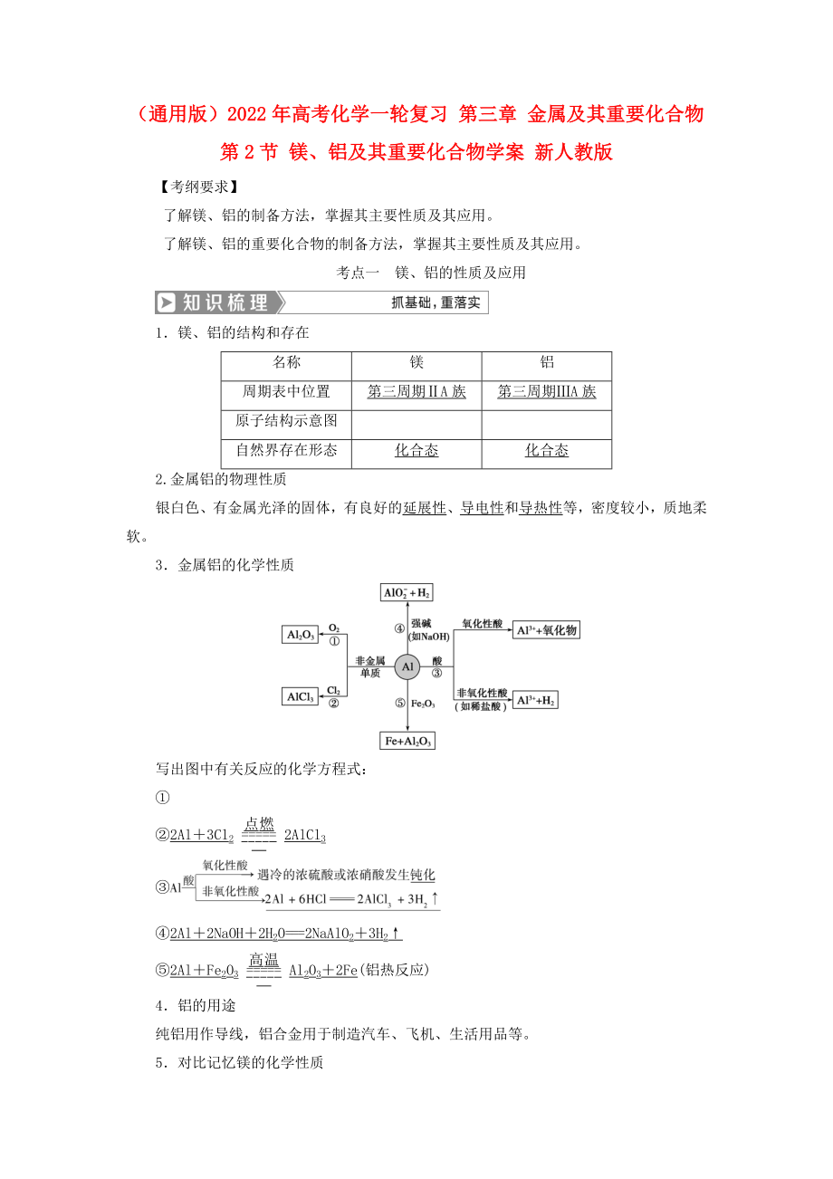 （通用版）2022年高考化学一轮复习 第三章 金属及其重要化合物 第2节 镁、铝及其重要化合物学案 新人教版_第1页