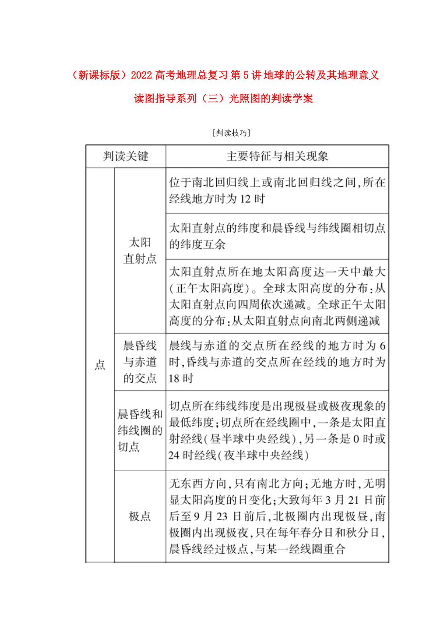 （新課標版）2022高考地理總復習 第5講 地球的公轉及其地理意義 讀圖指導系列（三）光照圖的判讀學案_第1頁