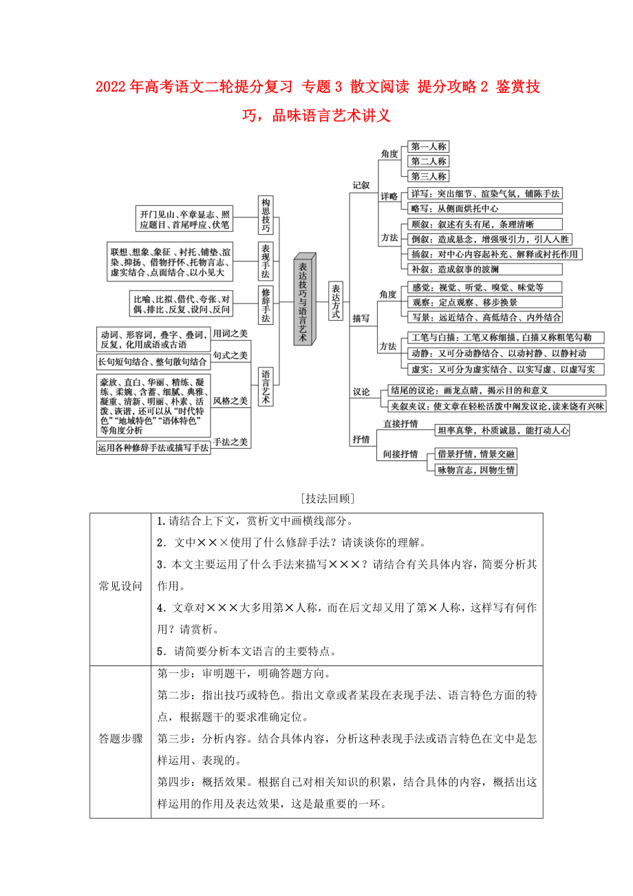 2022年高考語文二輪提分復(fù)習 專題3 散文閱讀 提分攻略2 鑒賞技巧品味語言藝術(shù)講義_第1頁