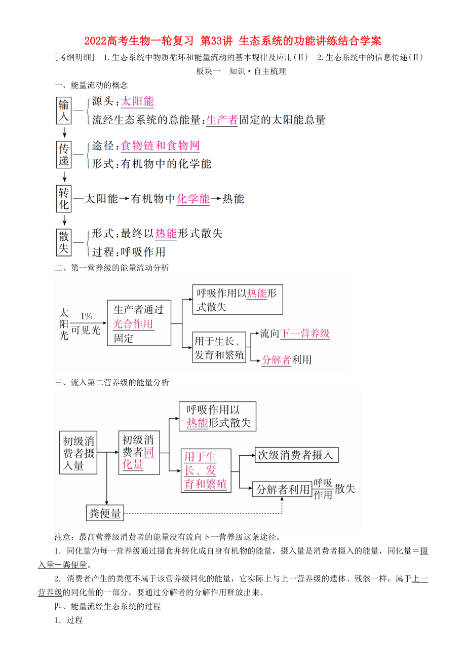 2022高考生物一輪復(fù)習(xí) 第33講 生態(tài)系統(tǒng)的功能講練結(jié)合學(xué)案_第1頁(yè)