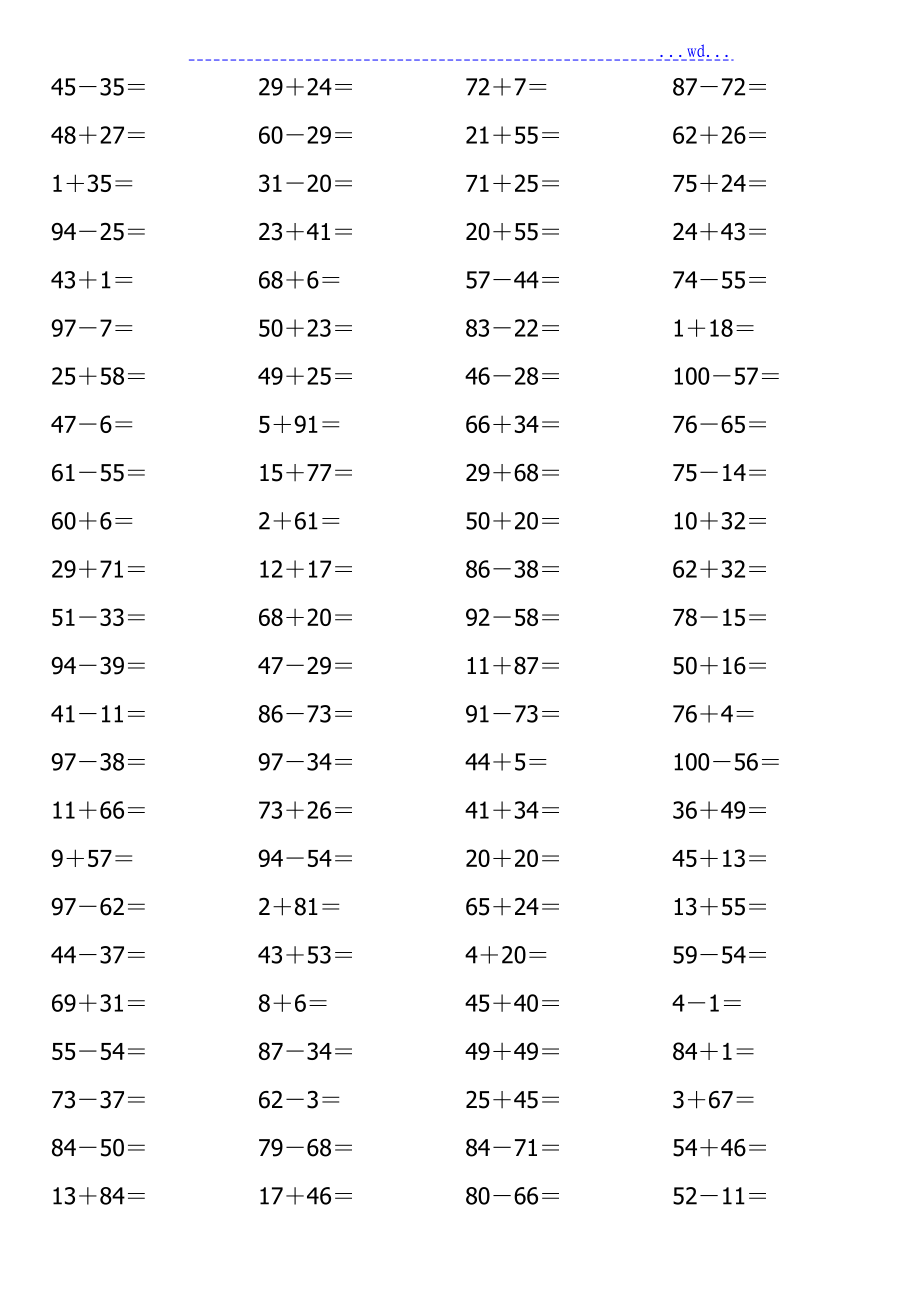 小学一年级数学计算题3600题[100以内]_第1页