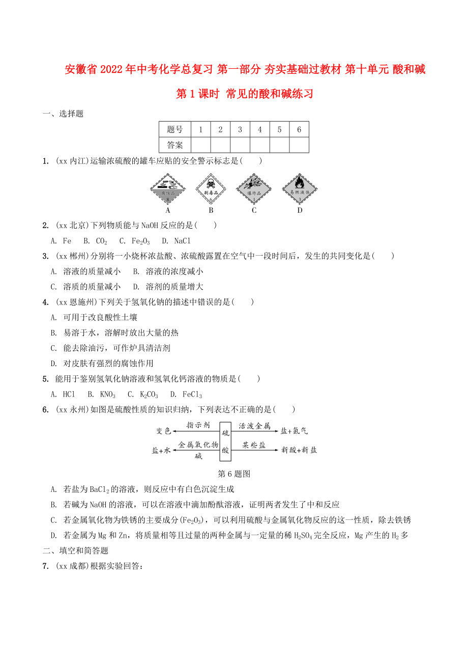 安徽省2022年中考化學(xué)總復(fù)習(xí) 第一部分 夯實基礎(chǔ)過教材 第十單元 酸和堿 第1課時 常見的酸和堿練習(xí)_第1頁