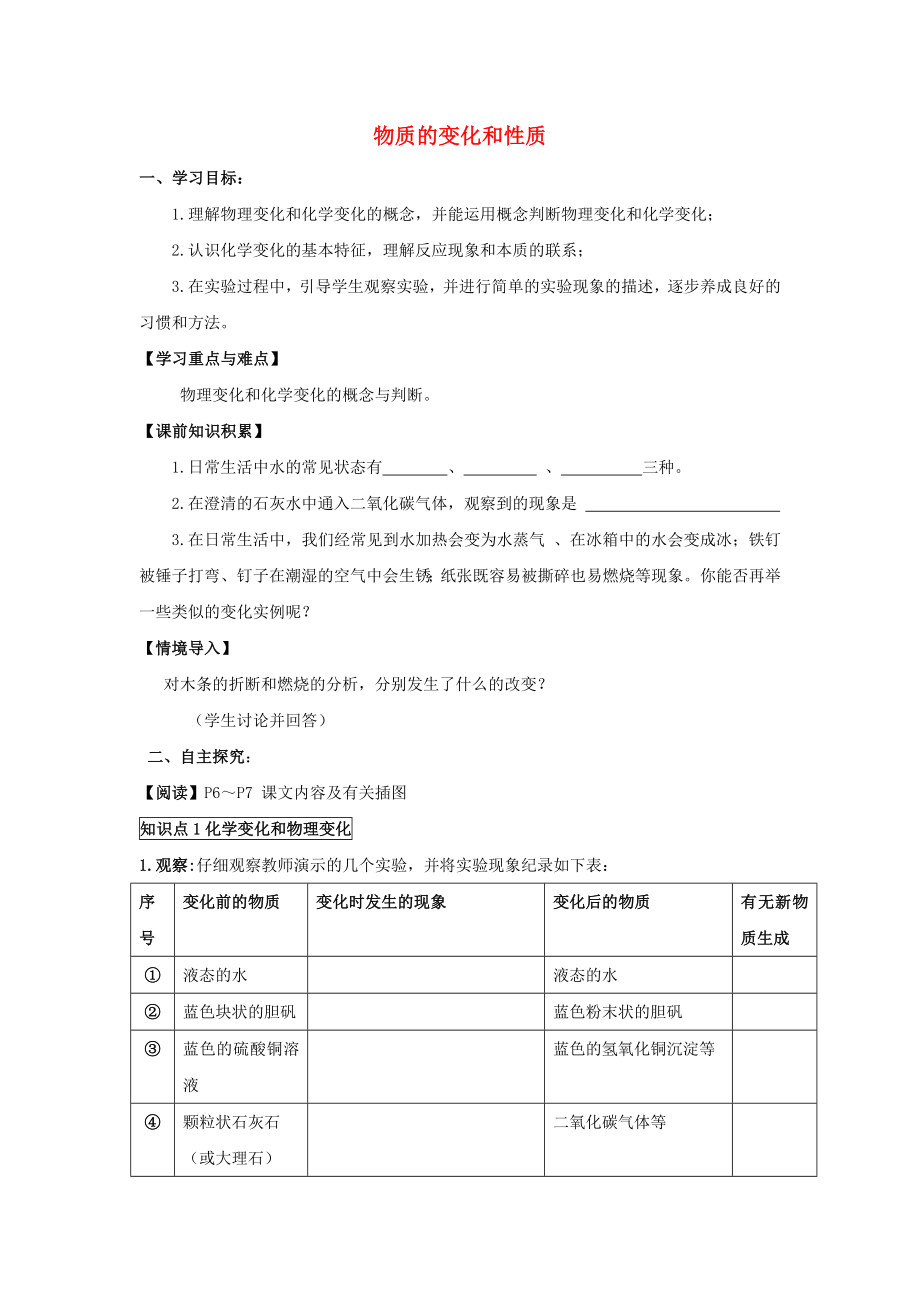 九年級化學(xué)上冊 第1單元 課題1 物質(zhì)的變化和性質(zhì)導(dǎo)學(xué)案（無答案）（新版）新人教版_第1頁