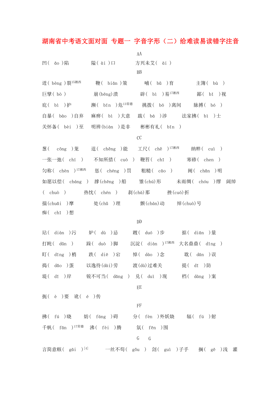 湖南省中考语文面对面 专题一 字音字形（二）给难读易读错字注音_第1页