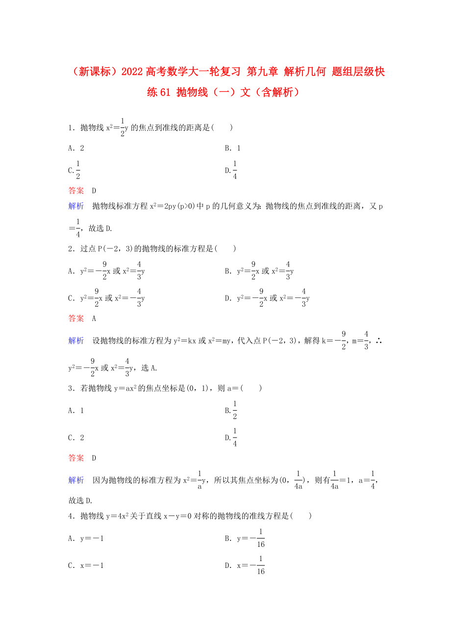 （新課標(biāo)）2022高考數(shù)學(xué)大一輪復(fù)習(xí) 第九章 解析幾何 題組層級(jí)快練61 拋物線（一）文（含解析）_第1頁