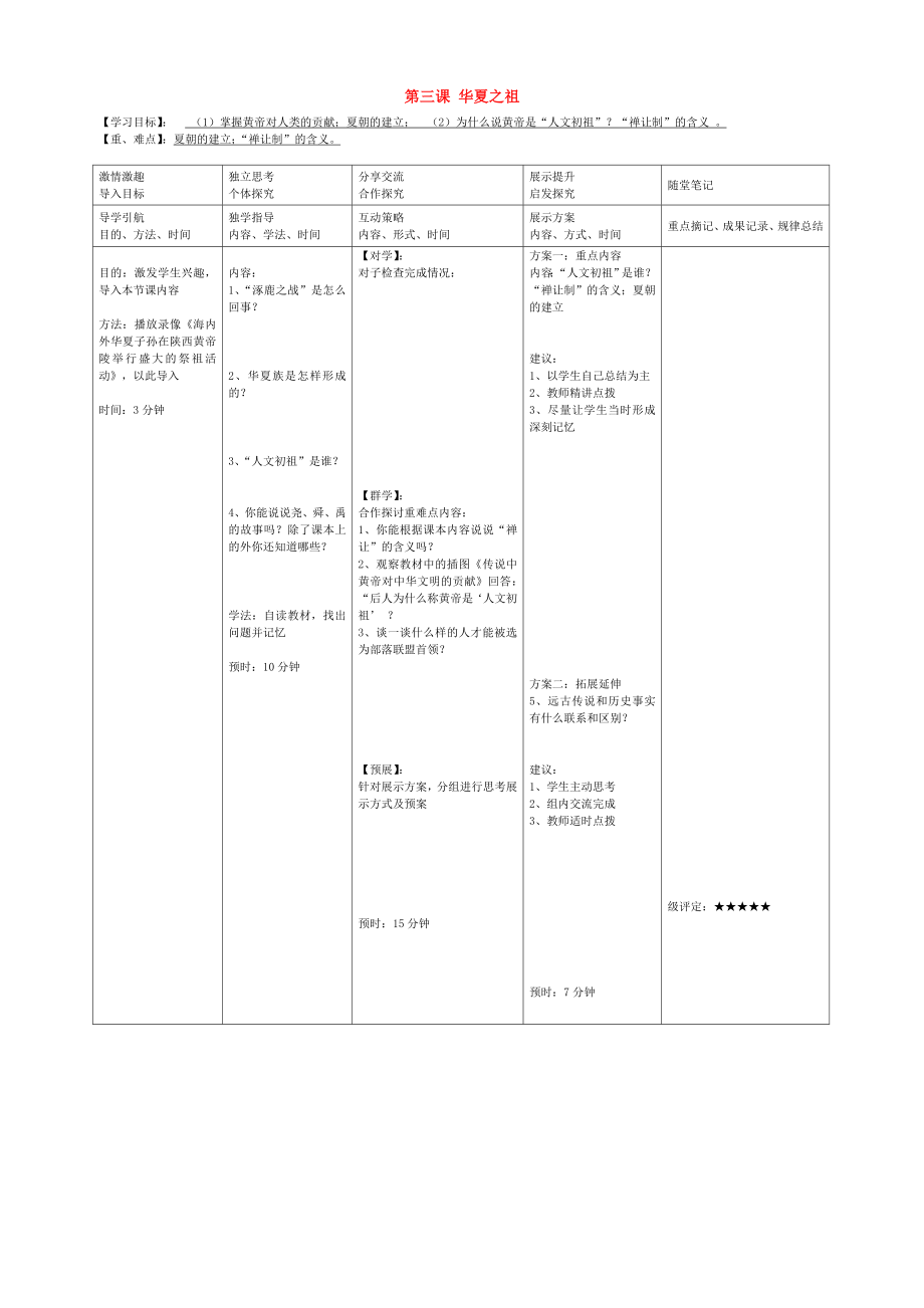 2020學(xué)年七年級歷史上冊 第三課 華夏之祖導(dǎo)學(xué)案（無答案） 新人教版_第1頁