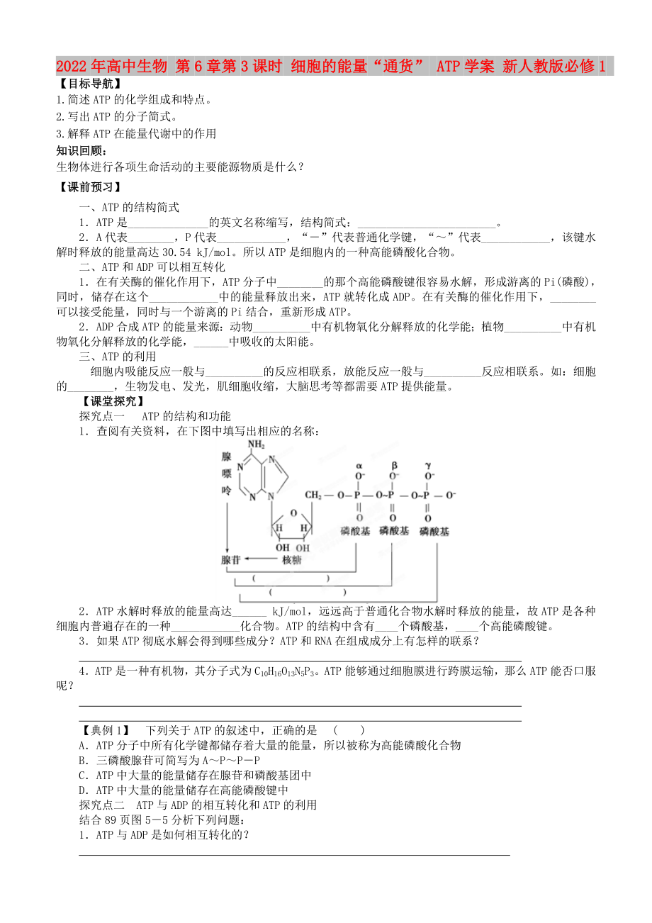 2022年高中生物 第6章第3課時 細胞的能量“通貨” ATP學案 新人教版必修1_第1頁