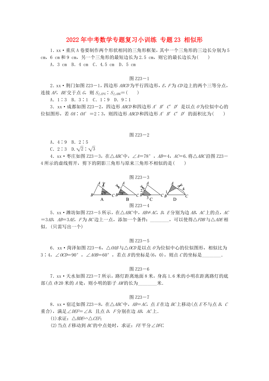 2022年中考數(shù)學(xué)專(zhuān)題復(fù)習(xí)小訓(xùn)練 專(zhuān)題23 相似形_第1頁(yè)