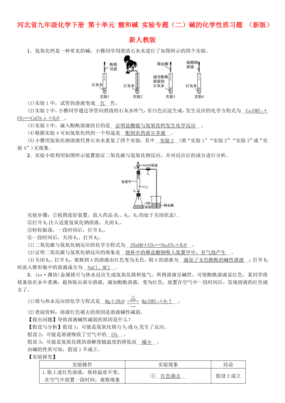 河北省九年級化學下冊 第十單元 酸和堿 實驗專題（二）堿的化學性質習題 （新版）新人教版_第1頁