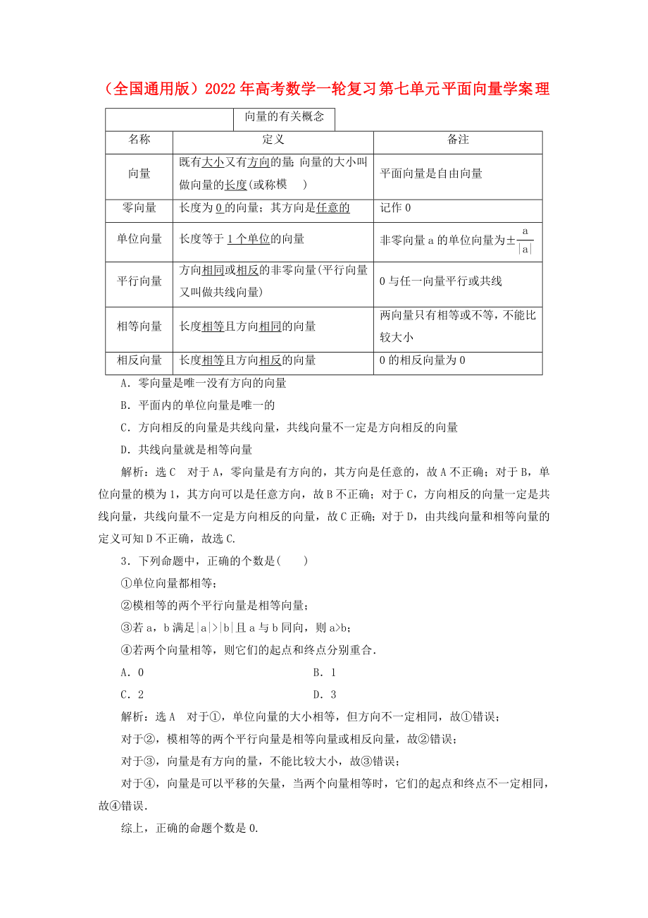 （全國通用版）2022年高考數(shù)學(xué)一輪復(fù)習(xí) 第七單元 平面向量學(xué)案 理_第1頁