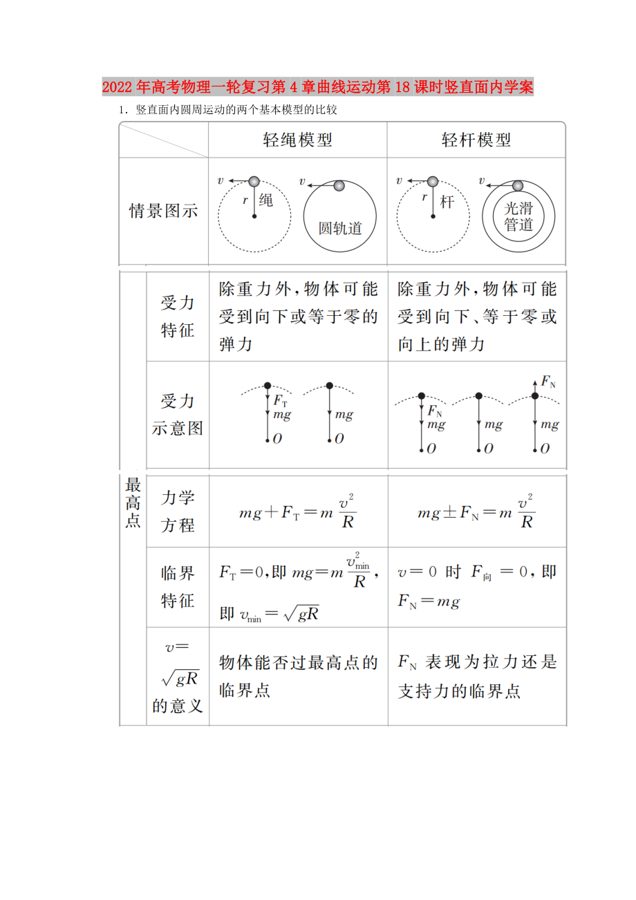 2022年高考物理一輪復習第4章曲線運動第18課時豎直面內(nèi)學案_第1頁