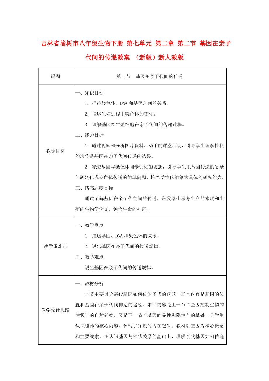 吉林省榆树市八年级生物下册 第七单元 第二章 第二节 基因在亲子代间的传递教案 （新版）新人教版_第1页