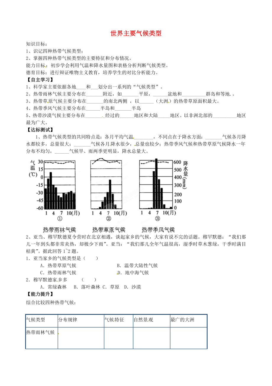 山東省膠南市王臺鎮(zhèn)中心中學(xué)七年級地理上冊 4.4 世界主要氣候類型導(dǎo)學(xué)案（無答案） 湘教版_第1頁