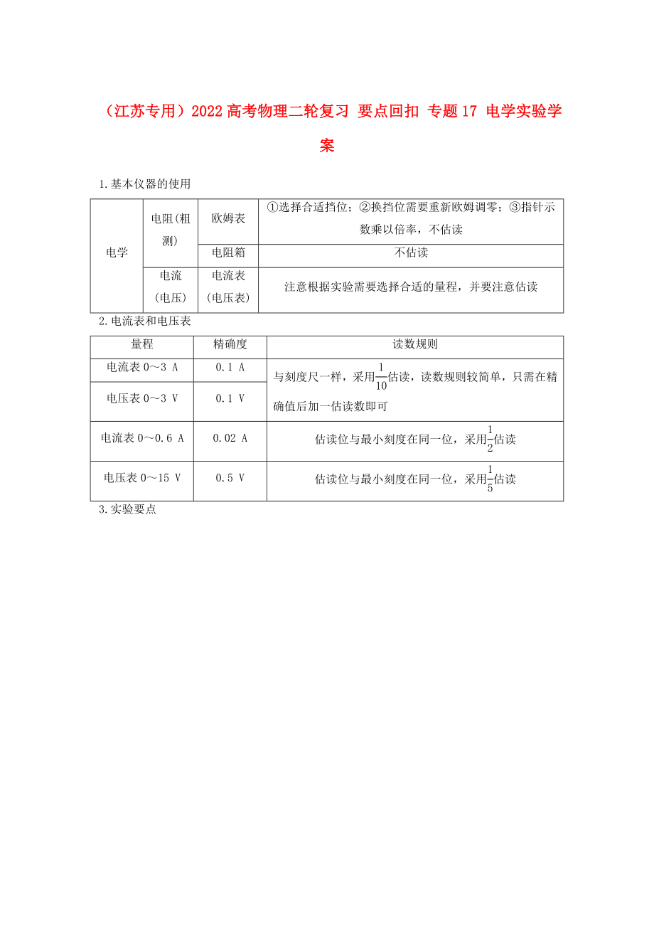 （江蘇專用）2022高考物理二輪復習 要點回扣 專題17 電學實驗學案_第1頁