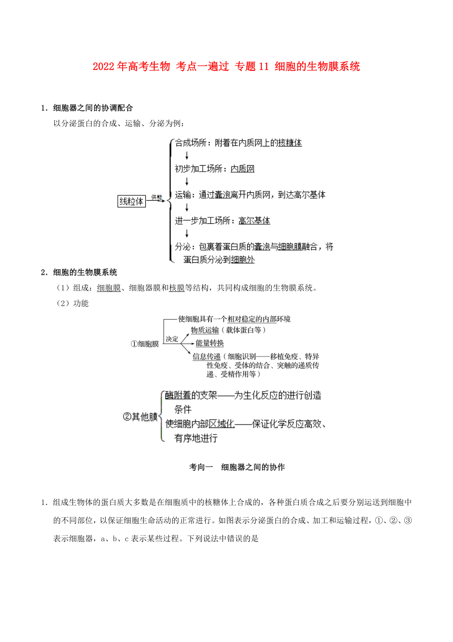 2022年高考生物 考点一遍过 专题11 细胞的生物膜系统_第1页