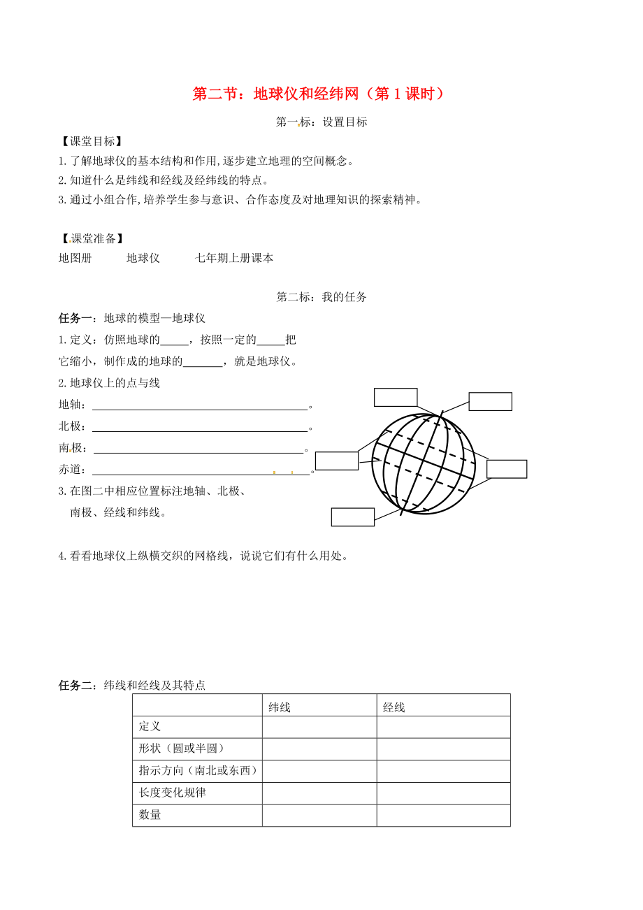 云南省昆明市西山區(qū)團(tuán)結(jié)民族中學(xué)2020年秋七年級(jí)地理上冊(cè) 第一章 第二節(jié) 地球儀和經(jīng)緯網(wǎng)（第1課時(shí)）學(xué)案（無答案）（新版）商務(wù)星球版_第1頁