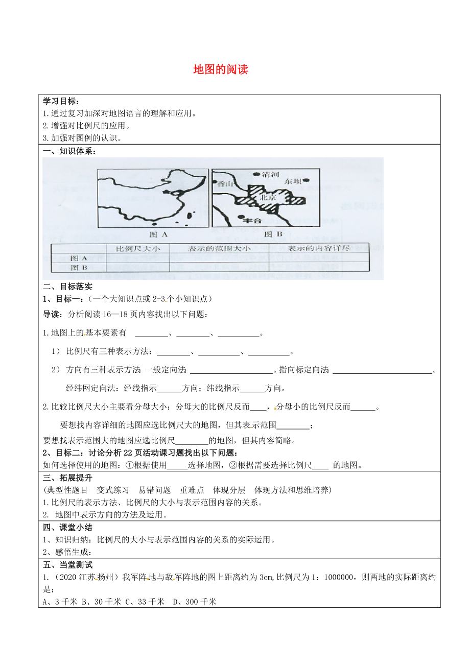 山東省濟南市長清區(qū)雙泉中學八年級地理專題復習 地圖的閱讀學案（無答案） 新人教版_第1頁