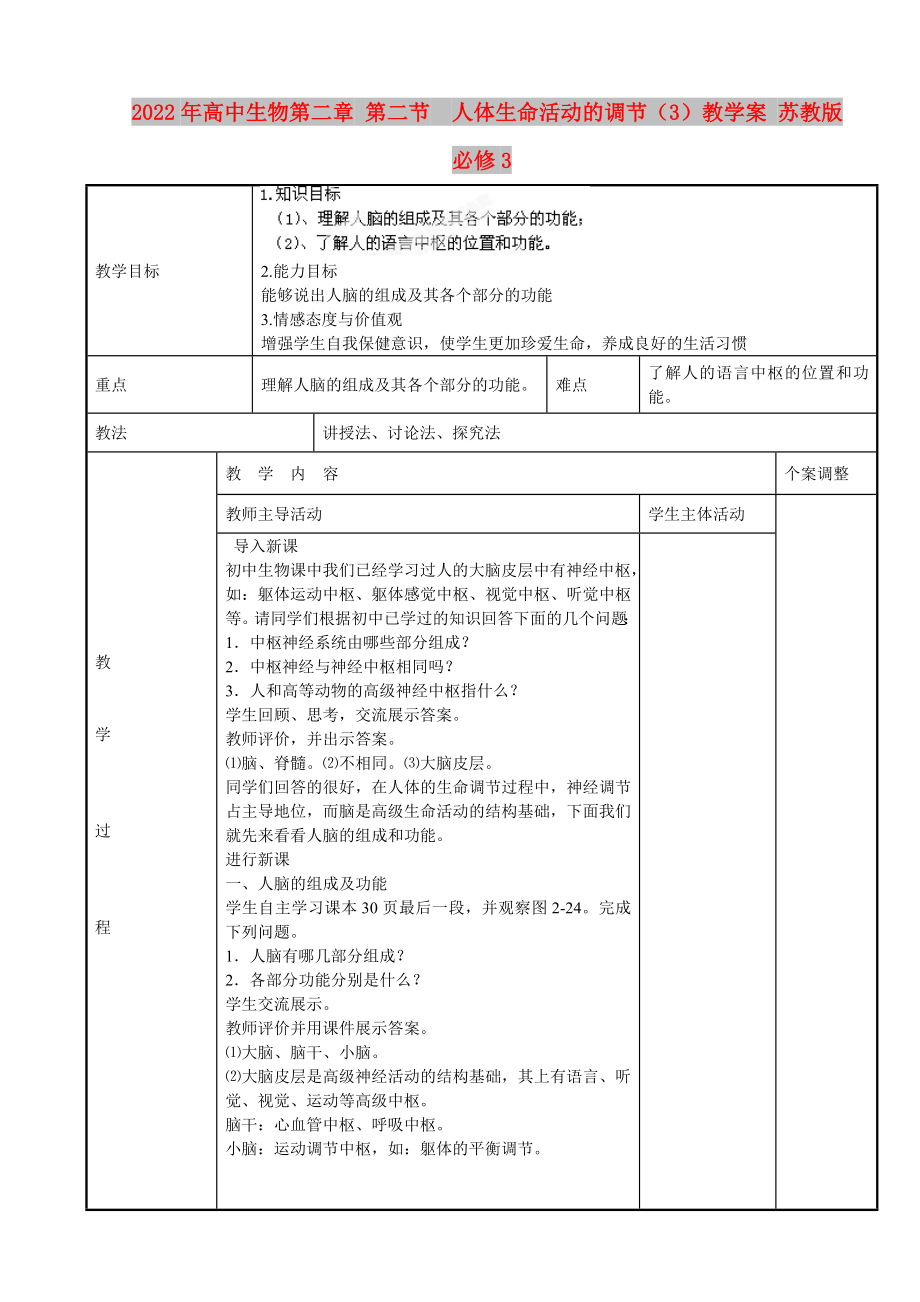 2022年高中生物第二章 第二節(jié)人體生命活動的調(diào)節(jié)（3）教學(xué)案 蘇教版必修3_第1頁