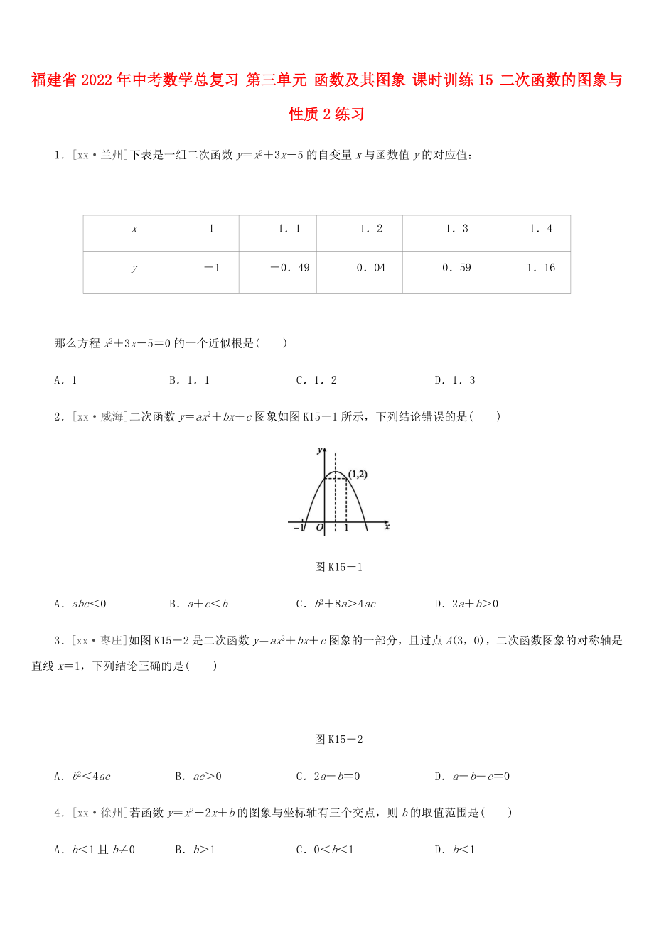 福建省2022年中考數(shù)學(xué)總復(fù)習(xí) 第三單元 函數(shù)及其圖象 課時(shí)訓(xùn)練15 二次函數(shù)的圖象與性質(zhì)2練習(xí)_第1頁(yè)