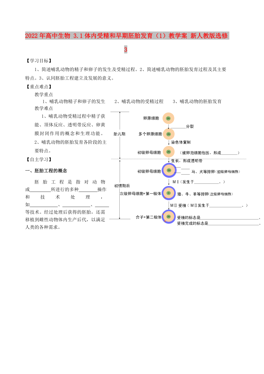 2022年高中生物 3.1体内受精和早期胚胎发育（1）教学案 新人教版选修3_第1页