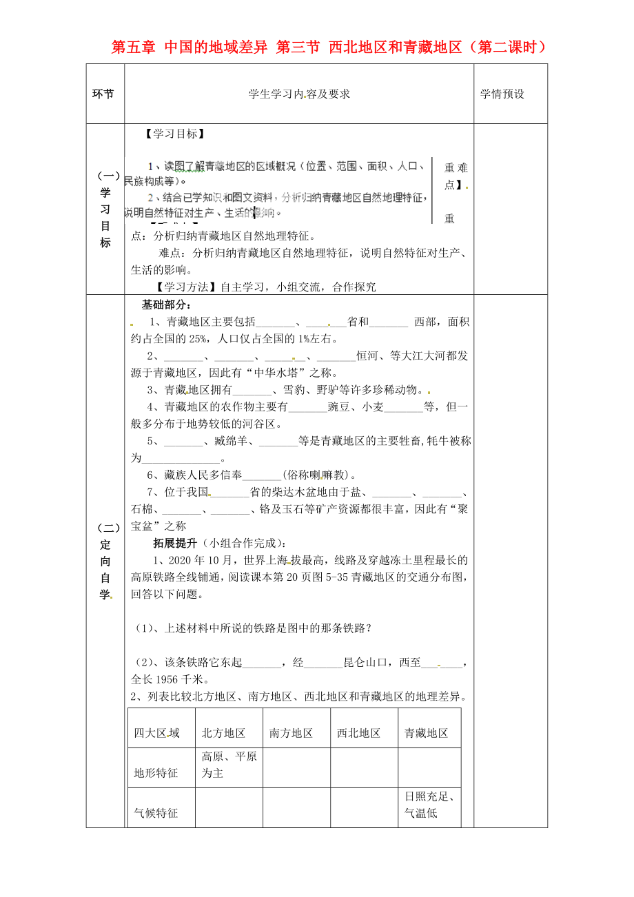 貴州省六盤水市第十三中學(xué)八年級地理下冊 第五章 中國的地域差異 第三節(jié) 西北地區(qū)和青藏地區(qū)（第二課時）導(dǎo)學(xué)案（無答案） 湘教版_第1頁