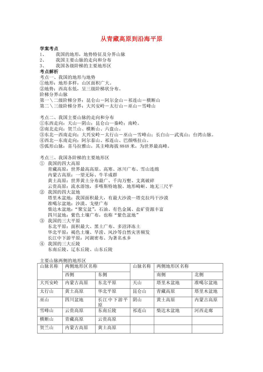 八年級(jí)地理上冊(cè) 第二章 第一節(jié) 從青藏高原到沿海平原學(xué)案（無(wú)答案） 粵教版（通用）_第1頁(yè)