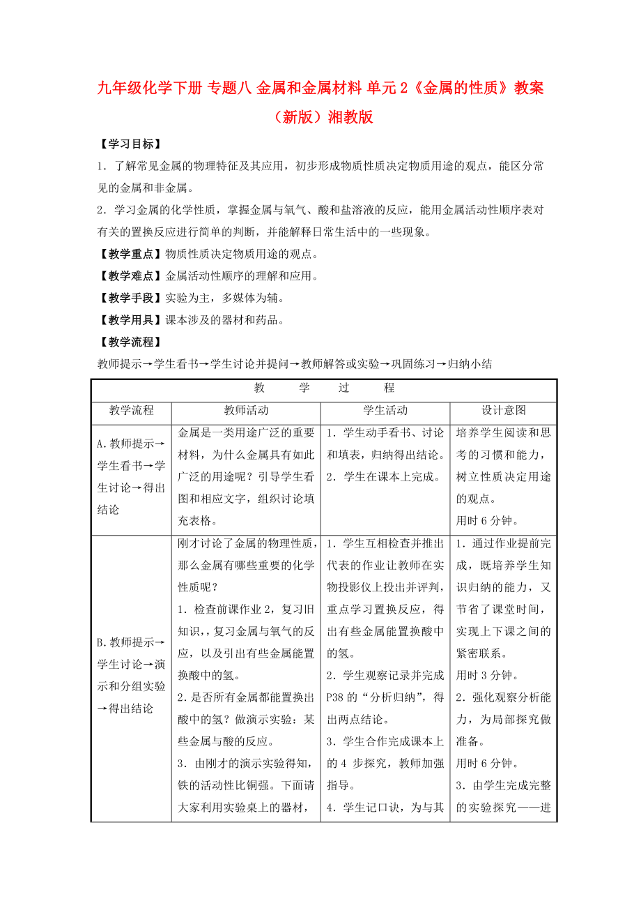 九年級(jí)化學(xué)下冊(cè) 專(zhuān)題八 金屬和金屬材料 單元2《金屬的性質(zhì)》教案 （新版）湘教版_第1頁(yè)