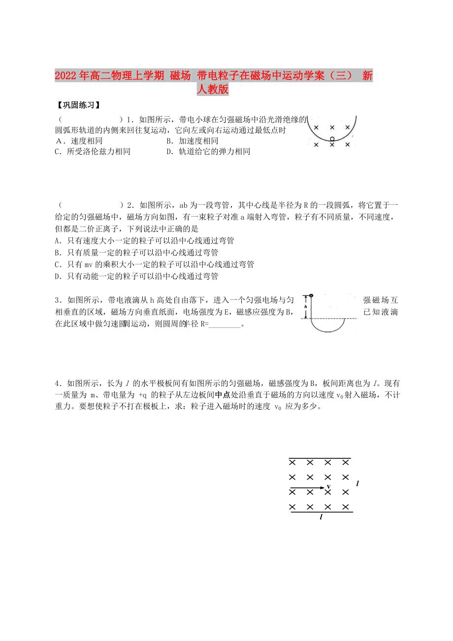 2022年高二物理上學期 磁場 帶電粒子在磁場中運動學案（三） 新人教版_第1頁