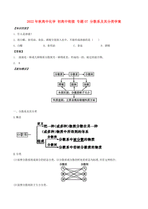 2022年秋高中化學(xué) 初高中銜接 專題07 分散系及其分類學(xué)案