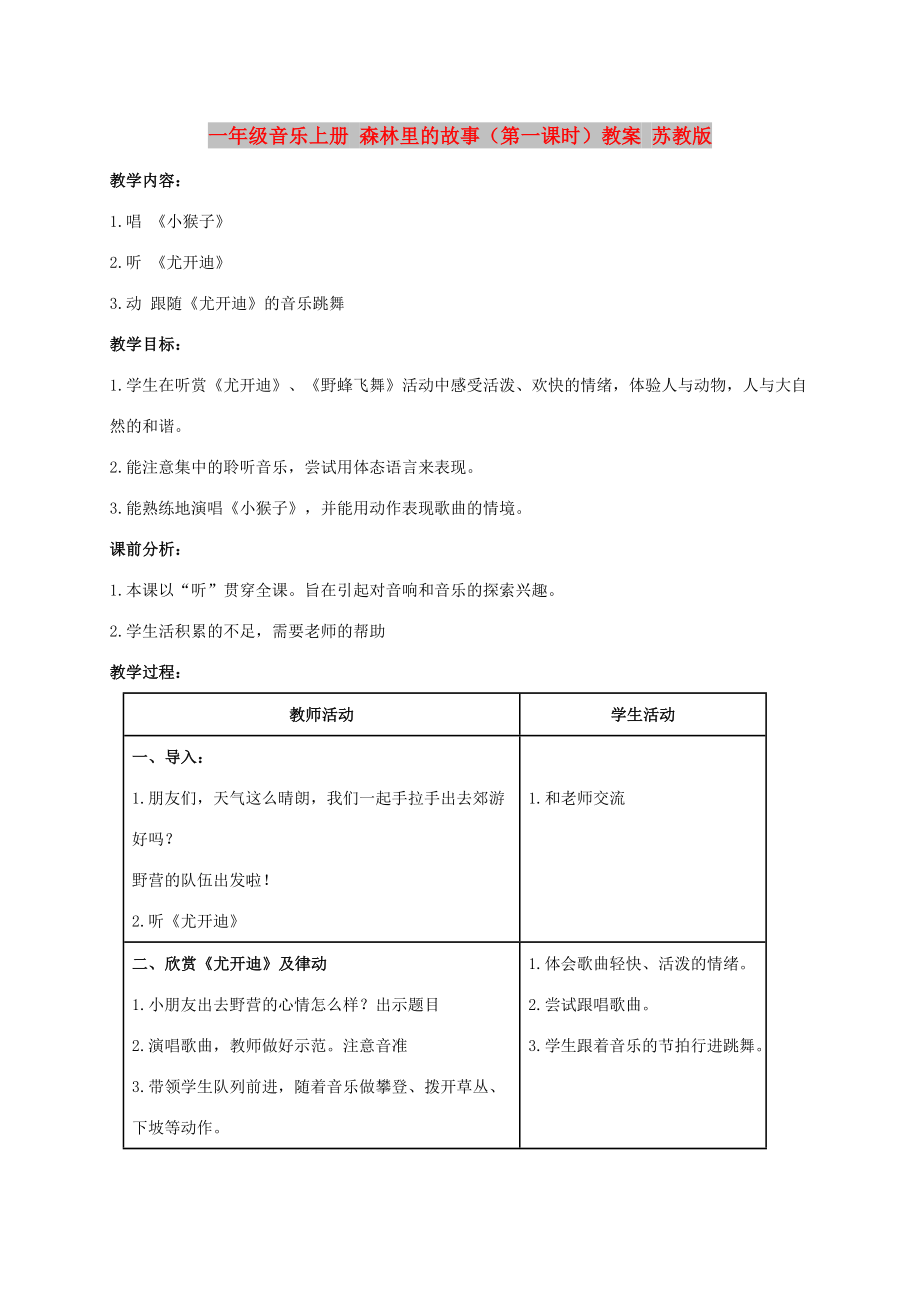 一年级音乐上册 森林里的故事（第一课时）教案 苏教版_第1页