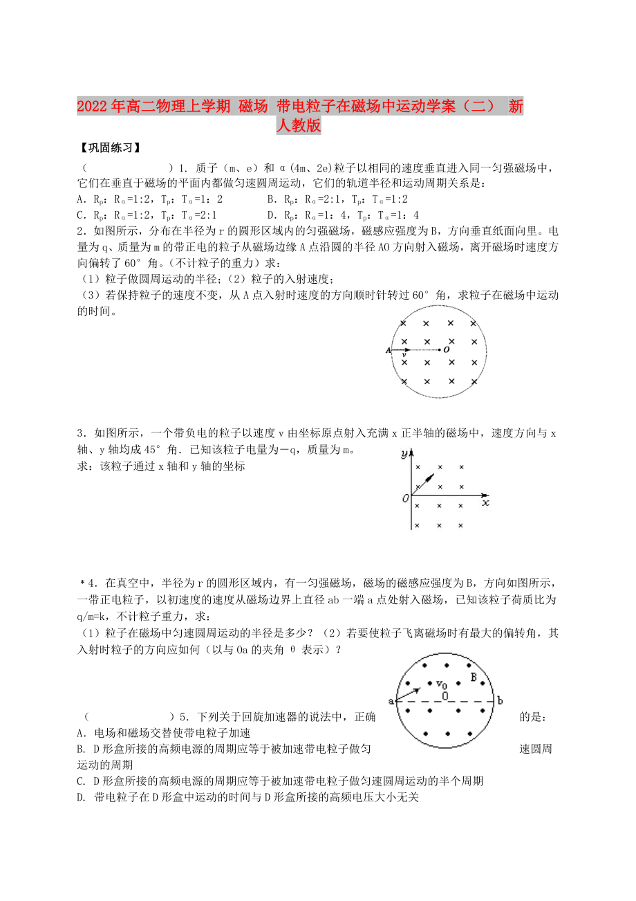 2022年高二物理上學(xué)期 磁場 帶電粒子在磁場中運(yùn)動學(xué)案（二） 新人教版_第1頁