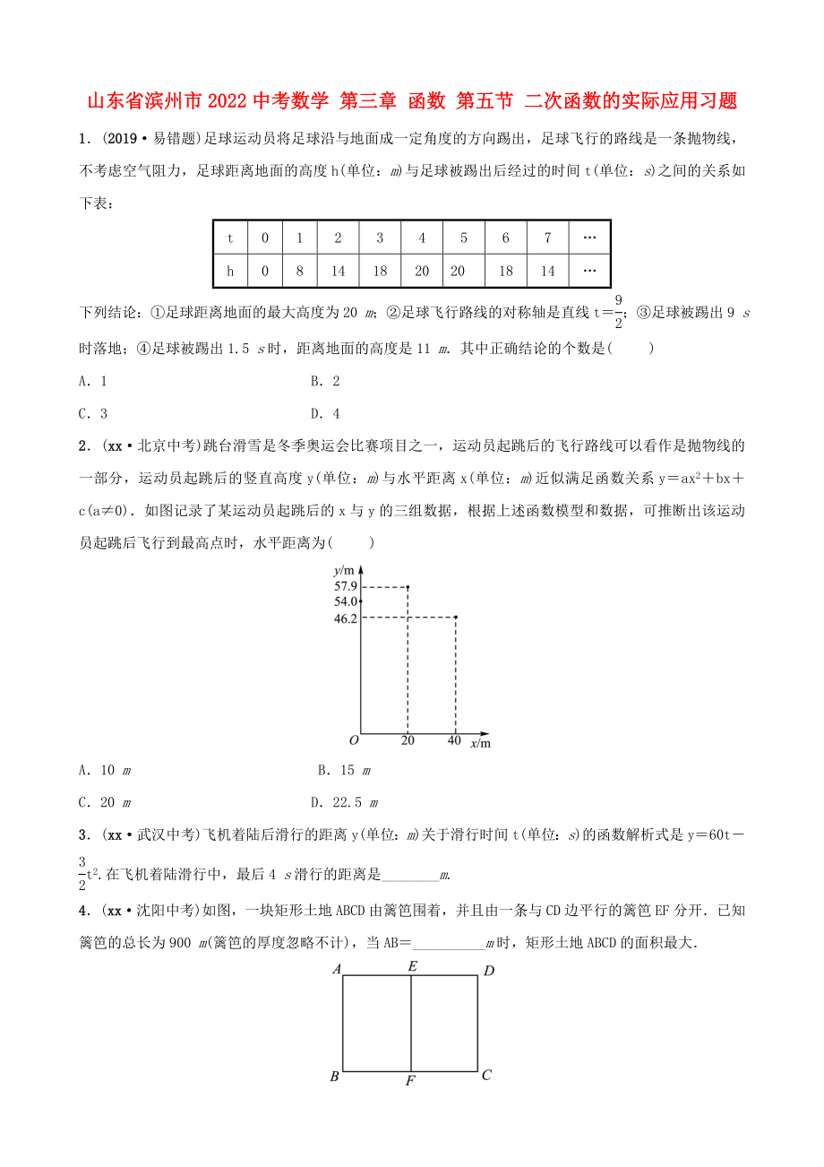 山東省濱州市2022中考數(shù)學(xué) 第三章 函數(shù) 第五節(jié) 二次函數(shù)的實際應(yīng)用習(xí)題_第1頁