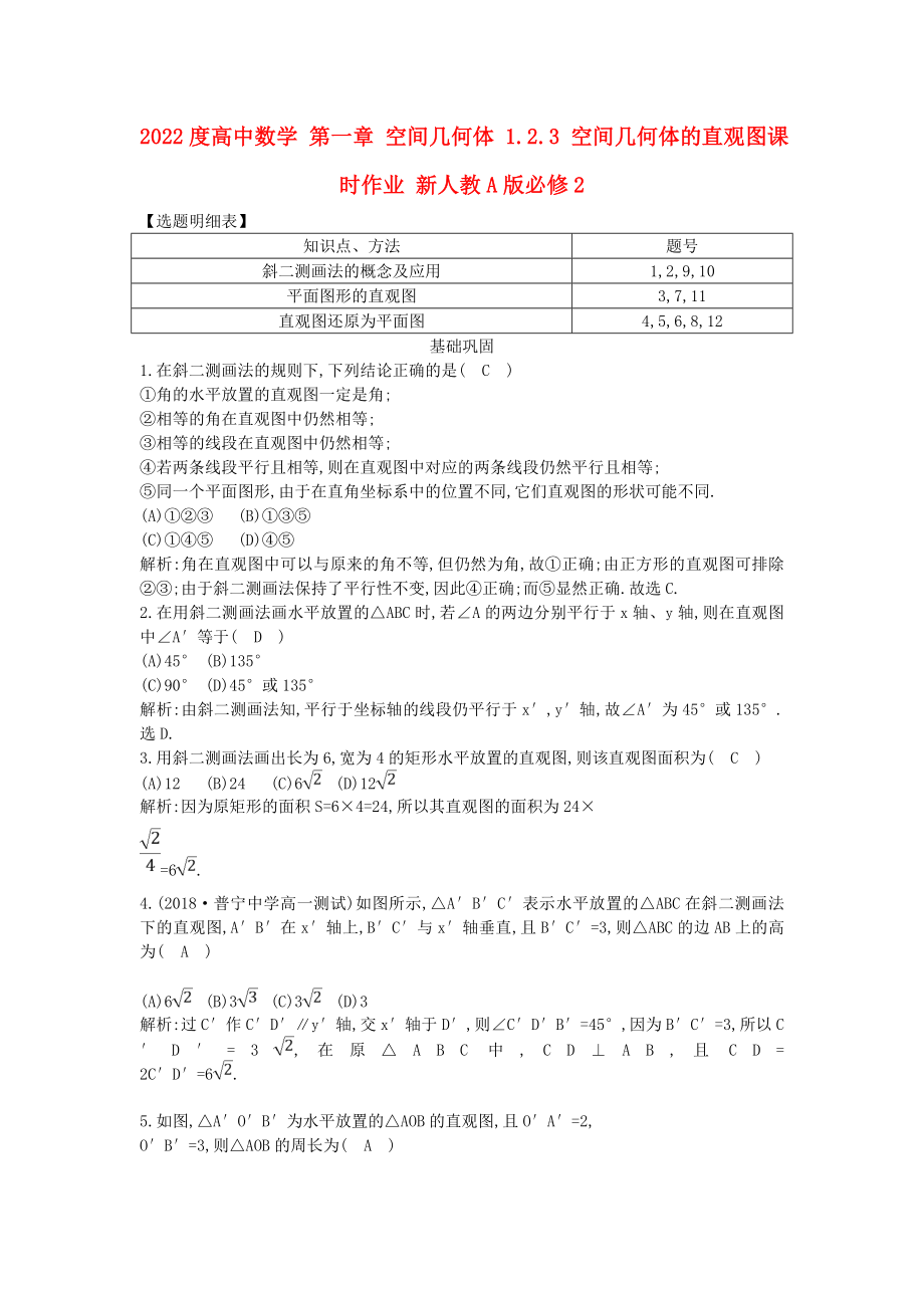 2022度高中數(shù)學(xué) 第一章 空間幾何體 1.2.3 空間幾何體的直觀圖課時作業(yè) 新人教A版必修2_第1頁