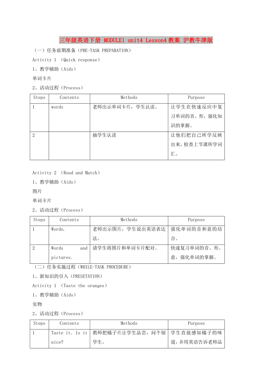 三年級英語下冊 MODULE1 unit4 Lesson4教案 滬教牛津版_第1頁