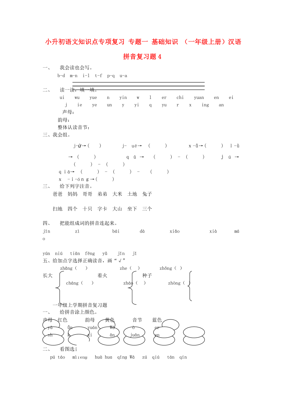 小升初語文知識(shí)點(diǎn)專項(xiàng)復(fù)習(xí) 專題一 基礎(chǔ)知識(shí) （一年級(jí)上冊(cè)）漢語拼音復(fù)習(xí)題4_第1頁