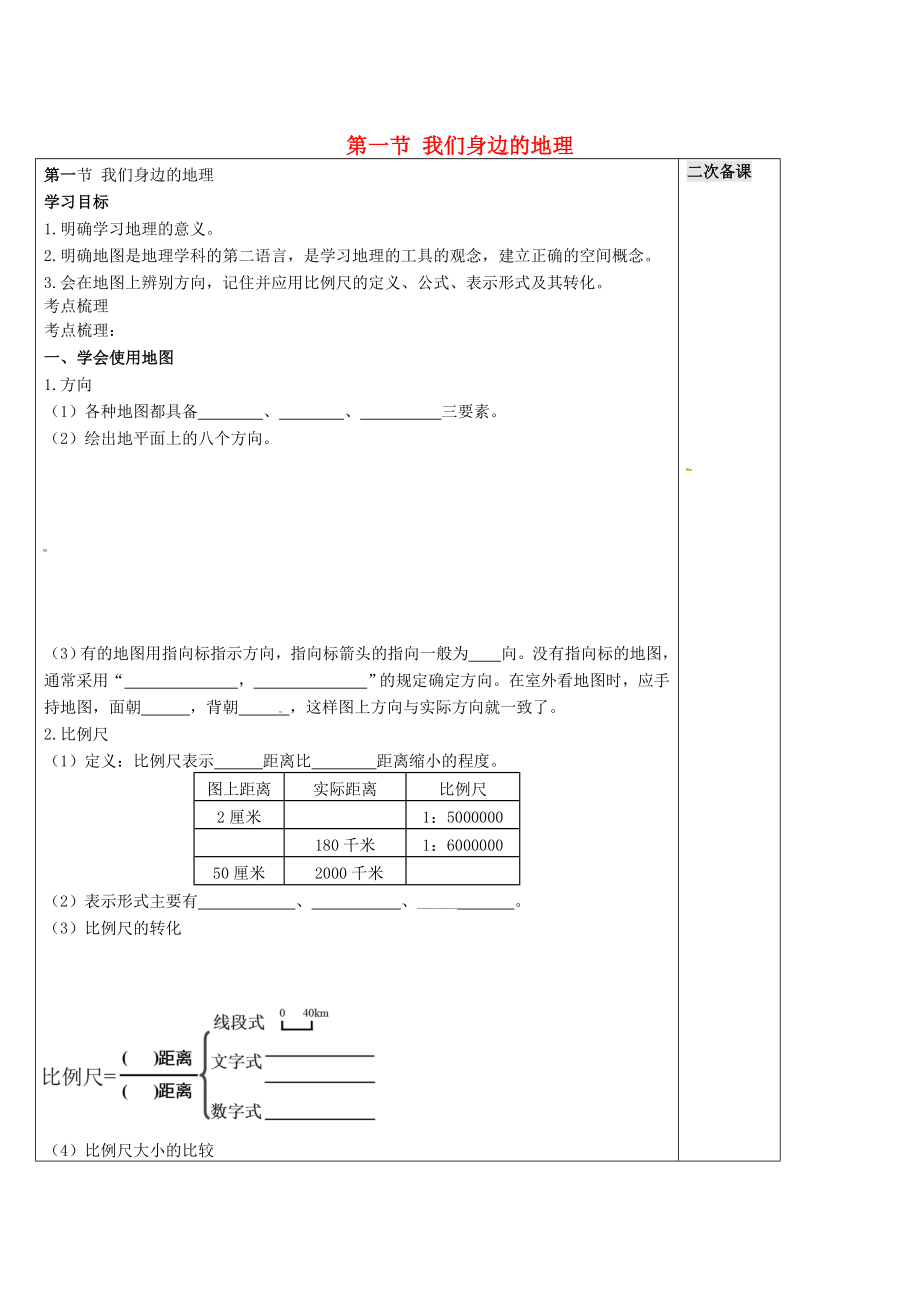 山東省安丘市東埠初級中學七年級地理上冊 第1章 第1節(jié) 我們身邊的地理導學案（無答案） 湘教版_第1頁