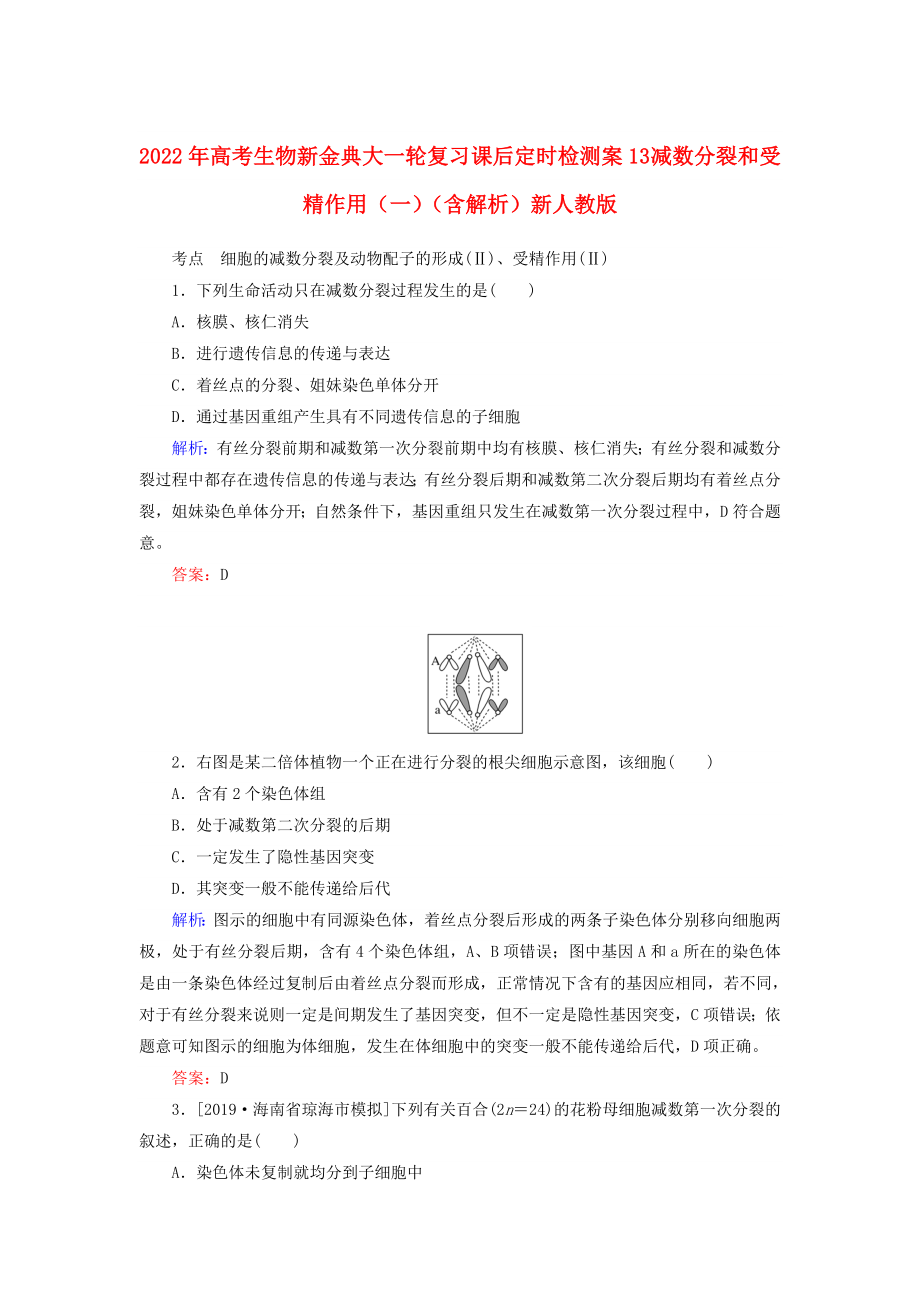 2022年高考生物新金典大一轮复习 课后定时检测案13 减数分裂和受精作用（一）（含解析）新人教版_第1页