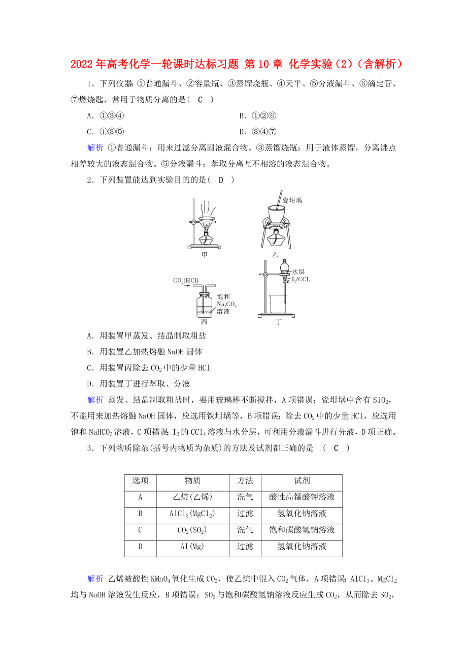 2022年高考化学一轮课时达标习题 第10章 化学实验（2）（含解析）_第1页