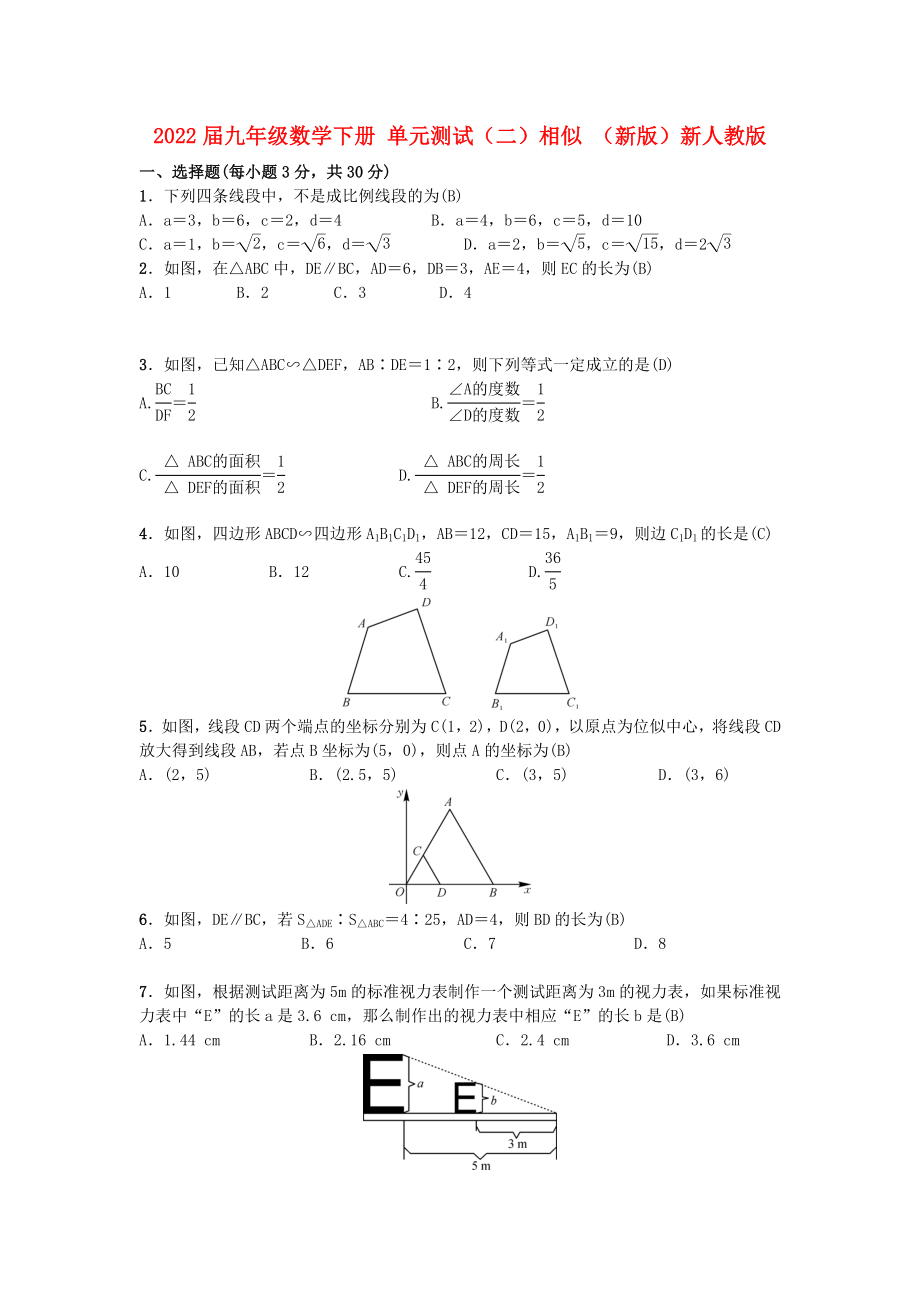 2022屆九年級數(shù)學(xué)下冊 單元測試（二）相似 （新版）新人教版_第1頁