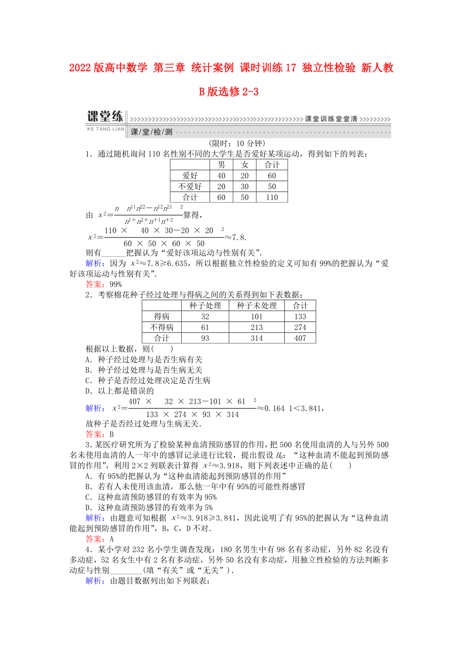 2022版高中數(shù)學(xué) 第三章 統(tǒng)計案例 課時訓(xùn)練17 獨立性檢驗 新人教B版選修2-3_第1頁