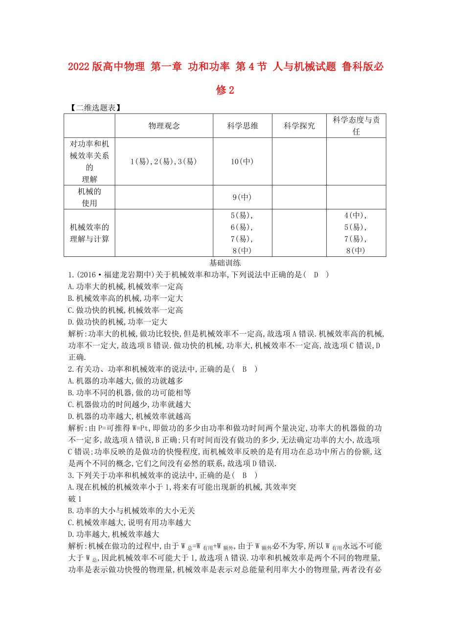 2022版高中物理 第一章 功和功率 第4節(jié) 人與機(jī)械試題 魯科版必修2_第1頁