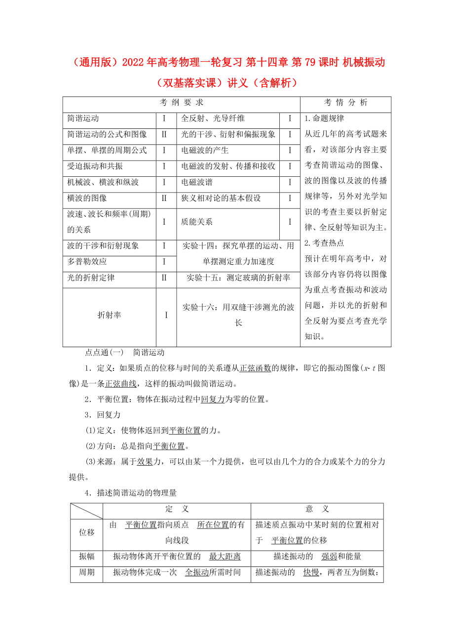 （通用版）2022年高考物理一輪復(fù)習(xí) 第十四章 第79課時(shí) 機(jī)械振動(dòng)（雙基落實(shí)課）講義（含解析）_第1頁(yè)