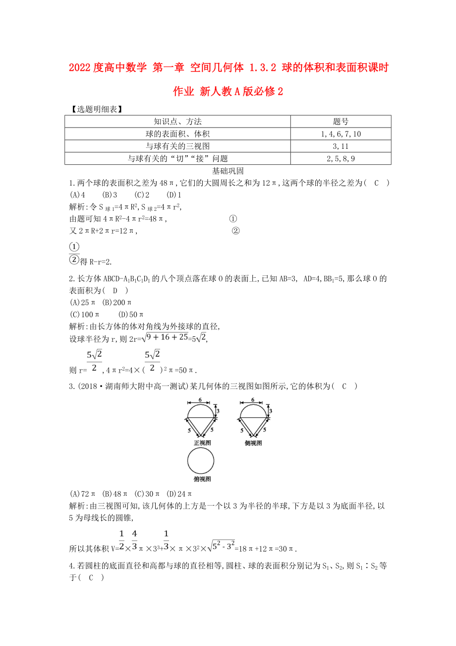 2022度高中數(shù)學(xué) 第一章 空間幾何體 1.3.2 球的體積和表面積課時(shí)作業(yè) 新人教A版必修2_第1頁(yè)