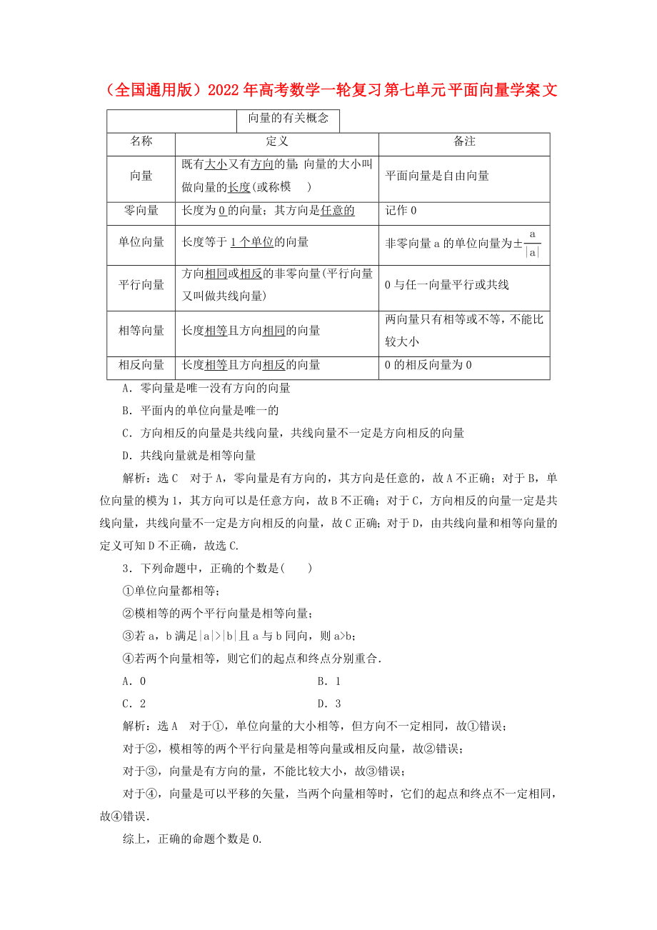 （全國通用版）2022年高考數(shù)學(xué)一輪復(fù)習(xí) 第七單元 平面向量學(xué)案 文_第1頁