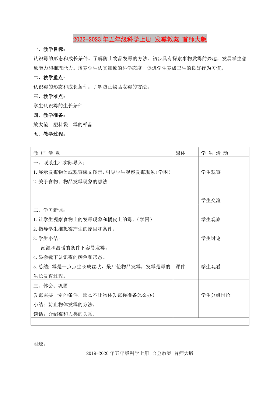 2022-2023年五年級(jí)科學(xué)上冊(cè) 發(fā)霉教案 首師大版_第1頁(yè)