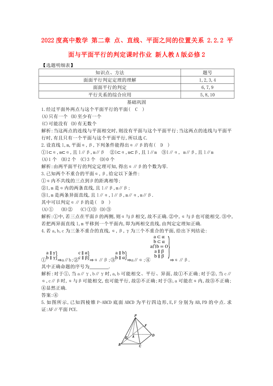 2022度高中數(shù)學(xué) 第二章 點、直線、平面之間的位置關(guān)系 2.2.2 平面與平面平行的判定課時作業(yè) 新人教A版必修2_第1頁